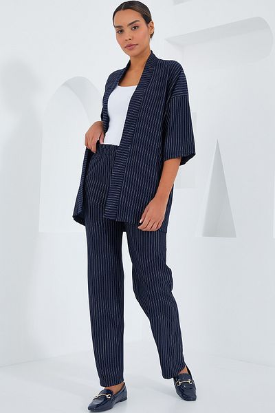Merterium Women's Striped Kimono Trousers Double Suit Navy Blue 1099