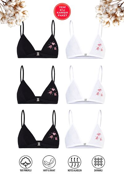 ÖZKAN underwear Özkan 0872 6 Pack 3 Black 3 White Girls' Cotton Padless Cupless Heart Patterned Training Bra