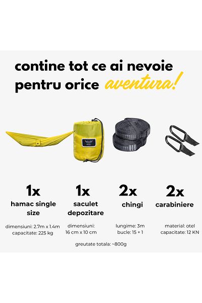 storeful Hikerjoy PRO hammock, 270x150 cm, two straps and two carabiners included, yellow