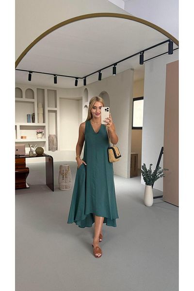 Sezgi Tekin V Neck Emerald Modal Asymmetrical Dress