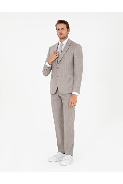 Pierre Cardin Bej Slim Fit Çizgili Yün Kaşmir Karışımlı Takım Elbise 50295308-VR011