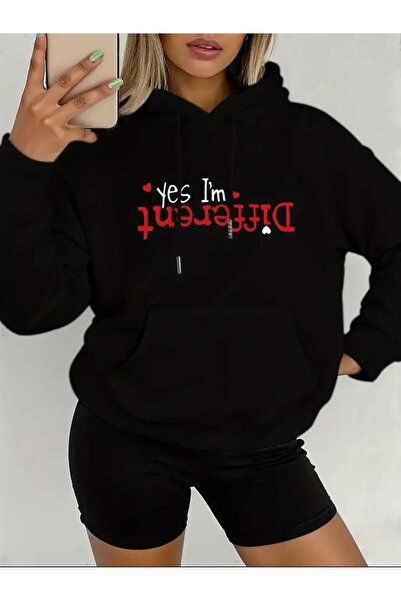 caddekombin I'm Different Μαύρο φούτερ με κουκούλα και τσέπη από βαμβάκι