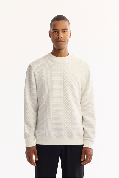 Avva Men's Ecru Crew Neck Textured Elastane Regular Fit Sweatshirt A52Y1220