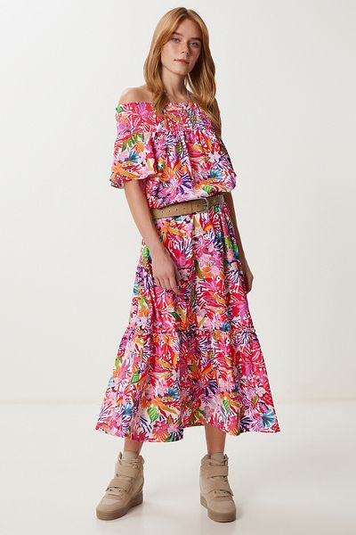 Lovelyİstanbul Carmen Collar Patterned Crinkle Dress Lub0206 Pink