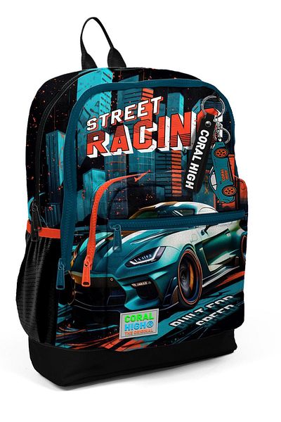 Coral High Kids Black Nefti Racing Car Patterned School Backpack T23765