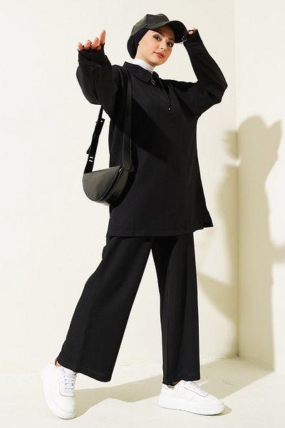 Merterium Women's Wide Leg Trousers Tunic Double Set Black 1106