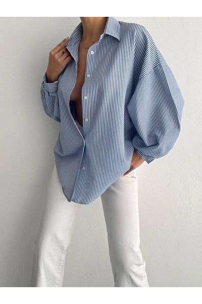 02Lady Fashion Balloon Sleeve Overize Stripes Shirt