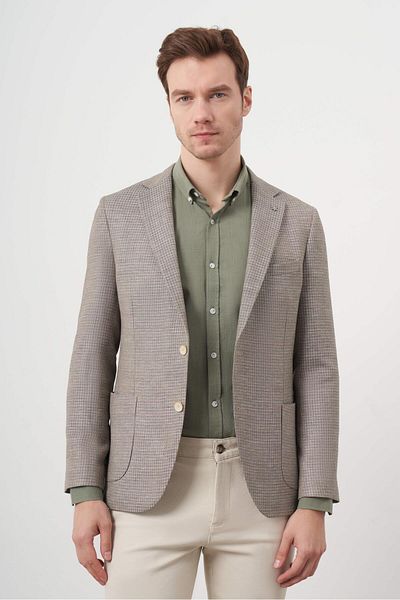 Morven Men's Khaki Woven Slim Fit Bag Pocket Mono Collar Sports Jacket