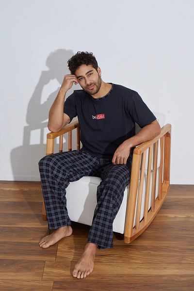 Ayans Pijama طقم بيجامات صيفية من القطن الممشط منقوشة للرجال مكون من قطعتين