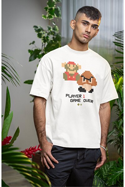Fuddy Moda Tricou unisex Player 1 Game Over imprimat, tricou supradimensionat cu tematică Super Mario