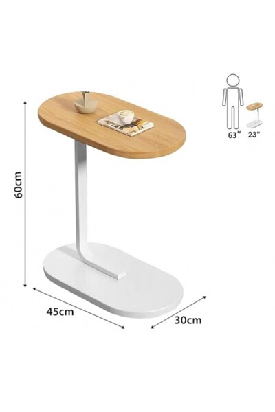 Kardett C-Shaped side table, light beige wood top, metal frame, compact coffee table for sofa