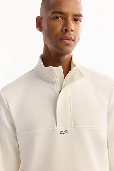 Avva Men's Ecru Stand Collar Zippered Cotton Bi-Stretch Regular Fit Sweatshirt A52Y1282