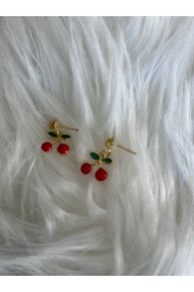 Baykuşca Small Cherry Earrings, Studded Earrings, Beach, Swimsuit, Children's Earrings