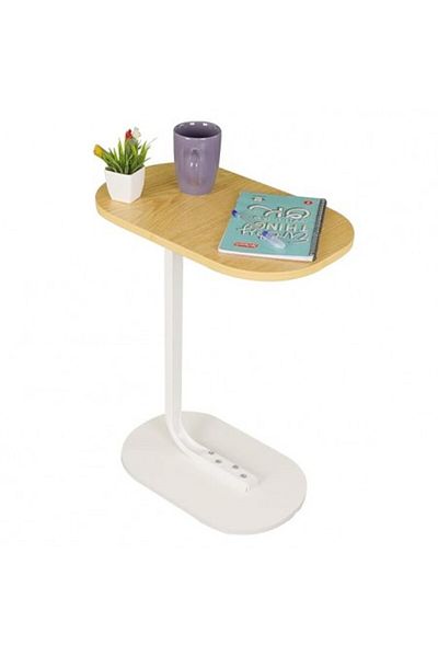 Kardett C-Shaped side table, light beige wood top, metal frame, compact coffee table for sofa