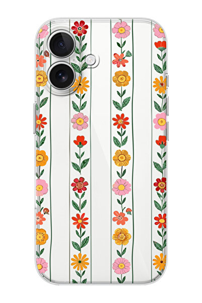 shoptocase iPhone 16 Uyumlu Sıralı Çiçekler Desenli Şeffaf Silikon Koruyucu T...