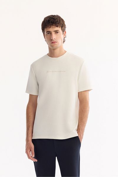 Avva Men's Ecru Crew Neck Seersucker Printed Interlock T-Shirt A52Y1014