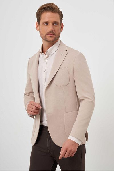 Morven Men's Beige Knitted Slim Fit Bag Pocket Mono Collar Sports Jacket