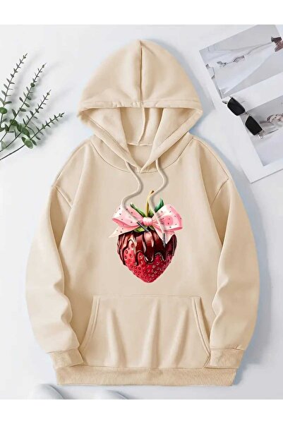 caddekombin Μπεζ φούτερ με κουκούλα με στάμπα με κορδέλα φράουλας και μάλλινη επένδυση μέσα