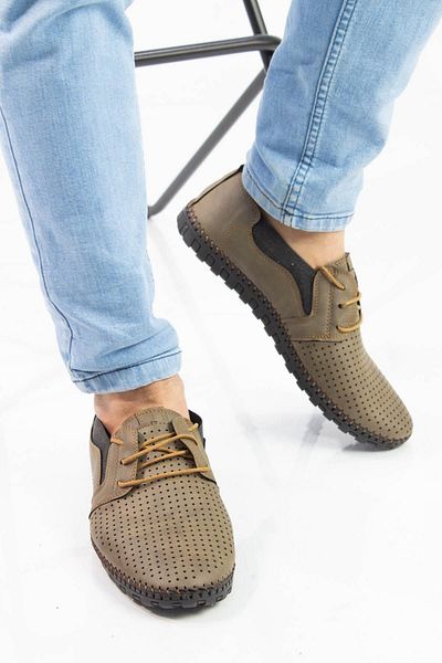 Moda Anna Perforated Model Lace-Up Comfortable Sole Men's Shoes Khaki