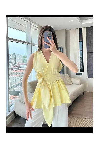 02Lady Fashion V-Neck Belted Ruffled Trendy Tericotton Fabric Blouse