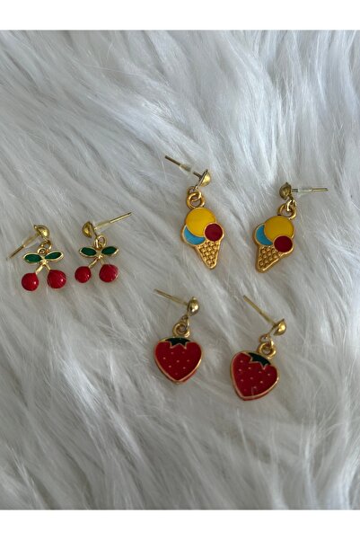 Baykuşca Small Cherry, Strawberry and Ice Cream Earrings, Stud Earrings, Children's Earrings, 3-Piece Earrings