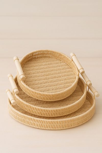 Fhilli Natura - Set of 3 Round Rattan Wicker Serving and Presentation Tray Set Decorative Tray with Wooden Handle