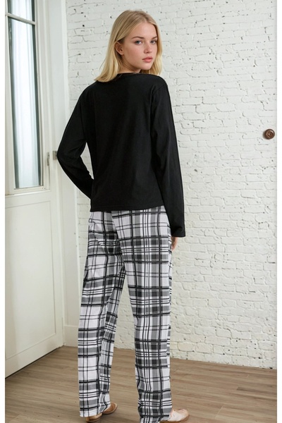 CARLA MARA Ekose Desen Kalp Detay Uzun Kol Pijama Takımı