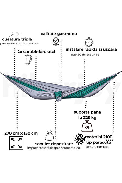 storeful Hamac hikerjoy, 270x140 cm, curele prindere si carabine incluse, verde cu gri