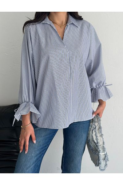 02Lady Fashion Blue Shirt Sleeve Tie-Stripe Patterned Terrycotton Fabric Shirt