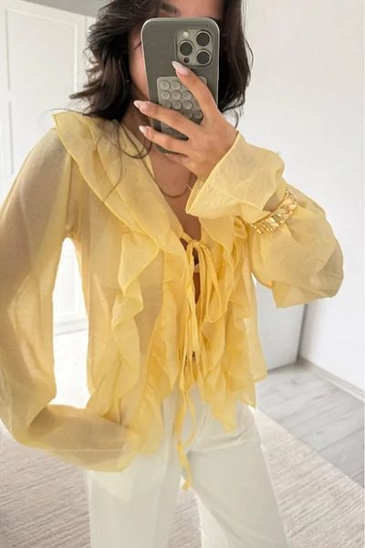 02Lady Fashion Ruffle Detailed Tie-Up Chiffon Fabric Shirt