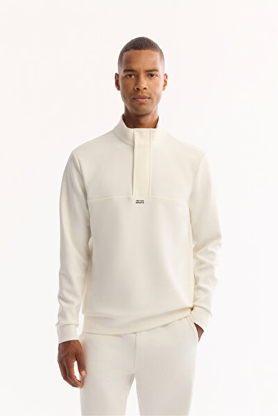 Avva Men's Ecru Stand Collar Zippered Cotton Bi-Stretch Regular Fit Sweatshirt A52Y1282