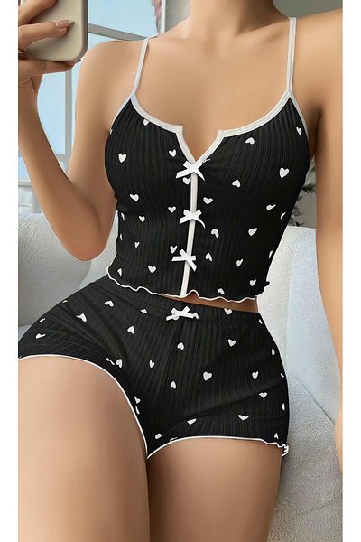Nemere Women's Black Heart Patterned Strappy Shorts Pajama Set 6650