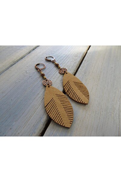 SİASİA Ahşap Görünümlü Yaprak Model Sallantılı Bohem Küpe