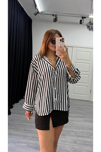 Daves Striped Textured Women Oversize Shirt-Black
