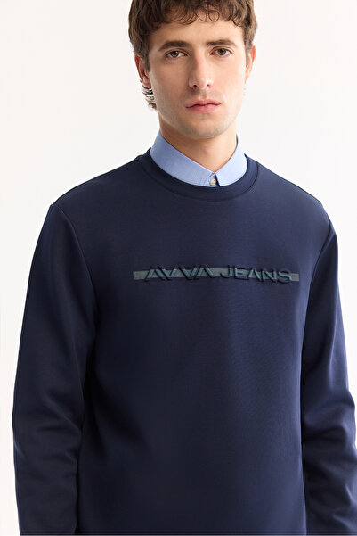 Avva Men's Navy Blue Crew Neck Cotton Bi-Stretch Printed Regular Fit Sweatshirt A52Y1210