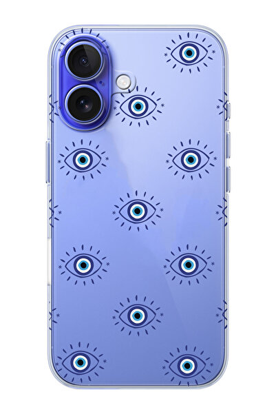 shoptocase iPhone 16 Plus Uyumlu Nazar Boncuklu Gözler Desenli Şeffaf Silikon...