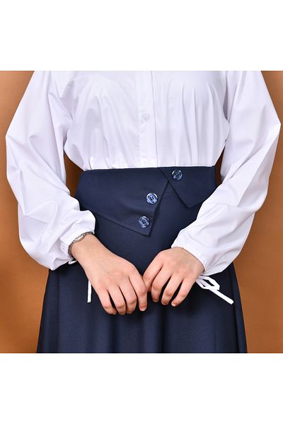 HAWRAA High-waisted, side-slanted, button-embellished quarter-kilt (navy)