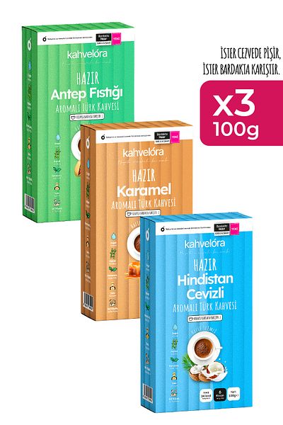 kahvelora 100g X 3 Pcs Turkish Coffee with Pistachio Caramel Coconut Cezvede Cook Stir in Cup