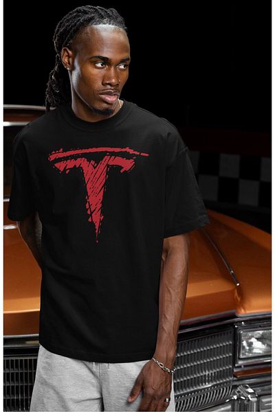 Fuddy Moda Unisex Vintage Tesla Logo Printed T-Shirt, Oversize Car Themed Crew Neck T-Shirt