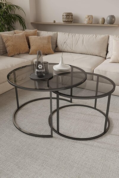 Huga Metal Yavrulu Orta Sehpa 2 li Temperli Kırılmaz Cam 75 - 60 cm