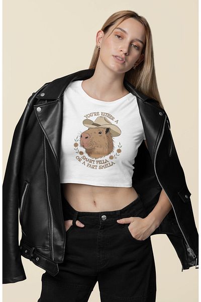 Fuddy Moda You Are Either Written Crop Top, Women's Capybara Themed Crop Blouse