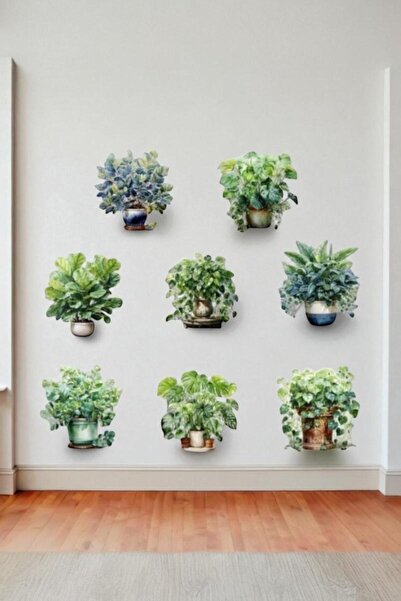 Kırmızı Beyaz Home Saksılı Çiçek Tasarımlı 8li StickeR 30X30 cm