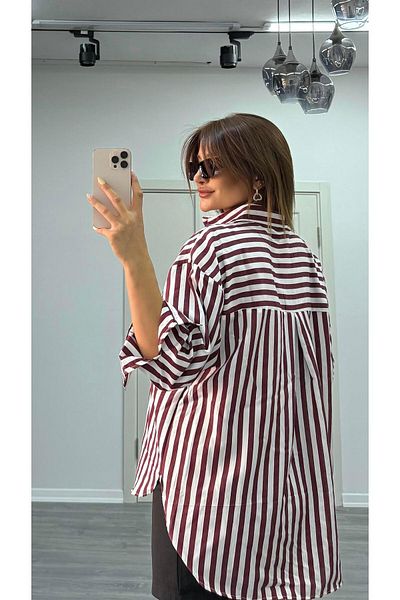 Daves Striped Textured Women Oversize Shirt-Burgundy
