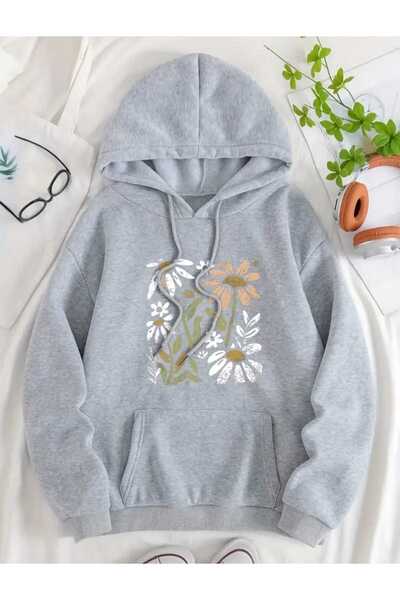 caddekombin Μπλούζα με κουκούλα Papatya με στάμπα, με τσέπες και επένδυση από μαλλί, γκρι φούτερ