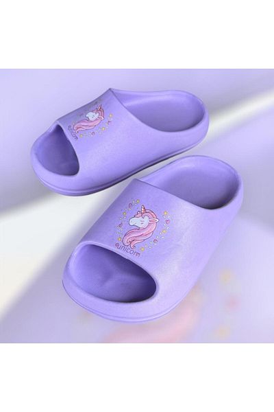 AkınalBella Girl Child Lilac Unicorn Printed Slide Summer Beach Pool Casual Slippers