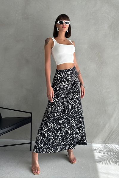 New Now Patterned Long Porked Flare Skirt