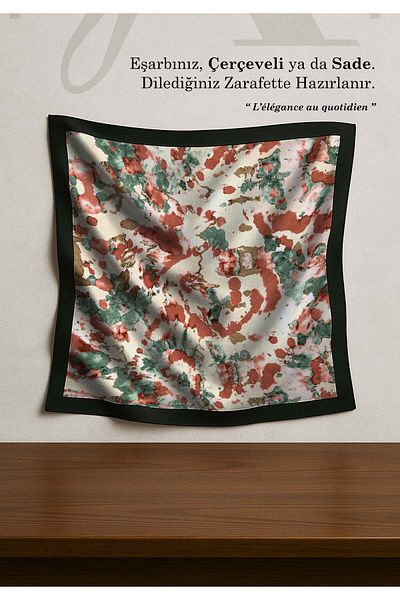 DESENİX Abstract Tie Dye Pattern Scarf |   Ivory Beige Floor |   90X90 - 100X100Cm |   Shiny Satin