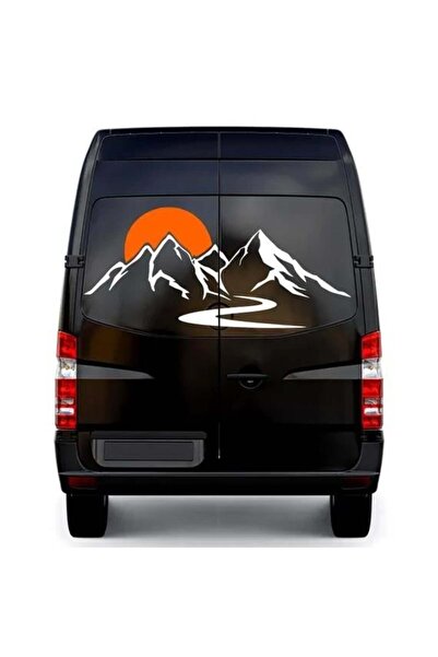 Motiker Günbatımı ve Dağ Tasarımlı Karavan Sticker Etiket