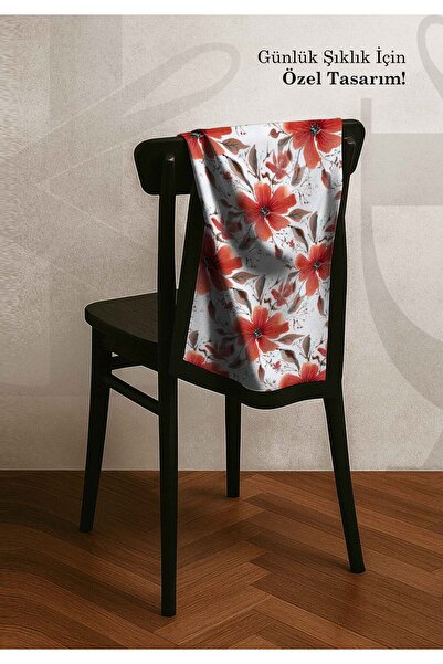 DESENİX Red Floral Patterned Scarf |   Pearl White Floor |   90X90 - 100X100Cm |   Shiny Satin