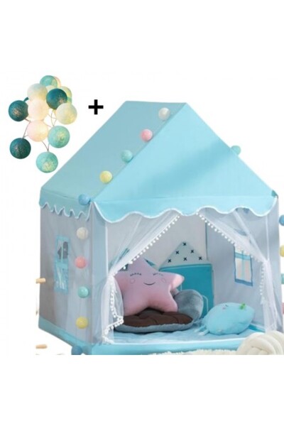 Kardett Cort copii, include instalatie lumini, albastru, 135x125x100 cm, castel cu ferestre, pentru joaca